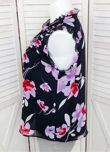 Calvin Klein  Floral Ruffle Trim Sleeveless Blouse Black Purple 1X