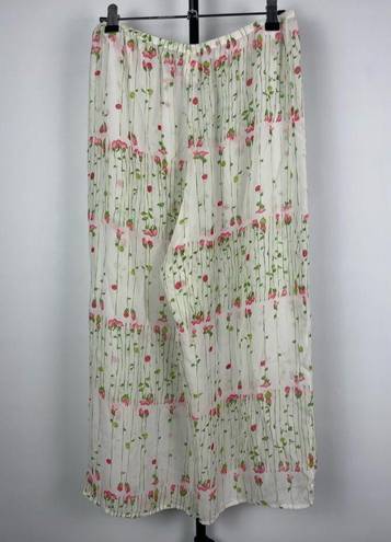 Natori Josie  White Rose Bud Floral Wide Leg Sheer Cropped Lingerie Sleep Pants