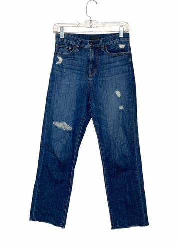 Uniqlo Dark Wash High Rise Distressed Boyfriend Straight Leg Jeans