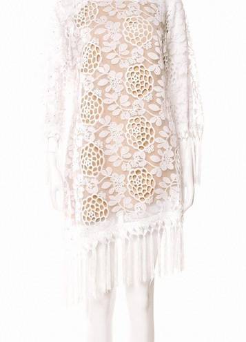 Bronx and Banco  Rhinestone Studded Floral Lace Fringe Tassel Asymmetrical Dress