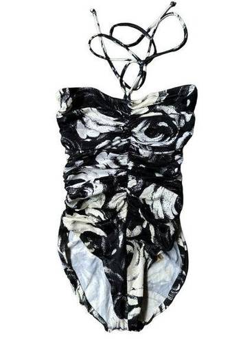 Bill Blass Vintage  Size 10 Womens Swimsuit One Piece Ruched Black White Floral