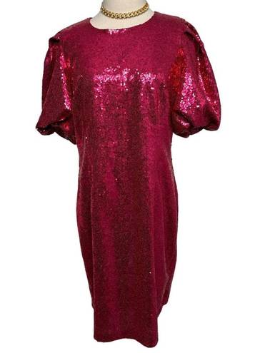 Krass&co NY &  Sequin puff sleeve mini dress magenta pink red sash bow size large L