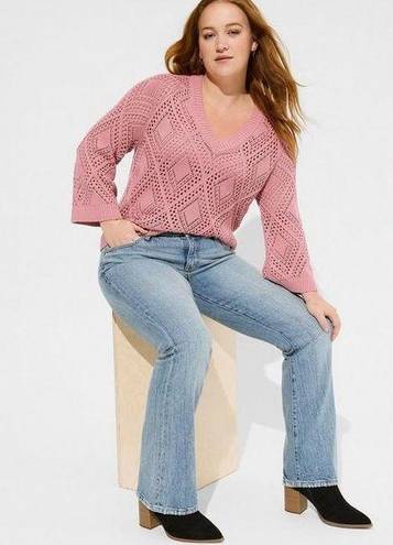 Torrid  Pointelle Pullover V-Neck Sweater Size 1 1X Foxglove Pink Open Knit