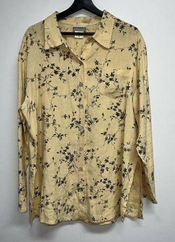 Coldwater Creek  Womens Linen Button Tunic Shirt Size 16 Yellow Gray Floral L/S