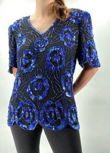 Laurence Kazar  Vintage Blue Black Sequin Floral Top 1X