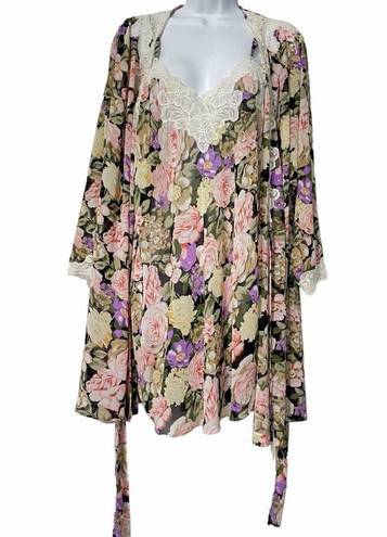 Natori Vintage  Set Chemise And Robe Floral Rose Print With Lace Trim Size Small