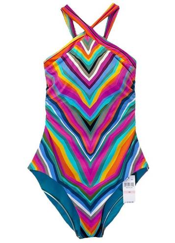 Trina Turk NWT  Louvre Striped High-Neck Reversible One-Piece Swimsuit Size 10