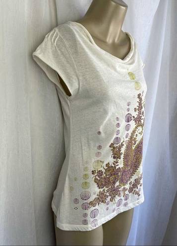 DKNY NWT VTG Y2K  Jeans Petites T-Shirt Cream Purple Green Paisley Studded Sz SM