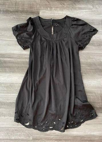 Xxi  Black Satin Mini Dress Size M Embroidered Floral Hem Scoop Neck N7