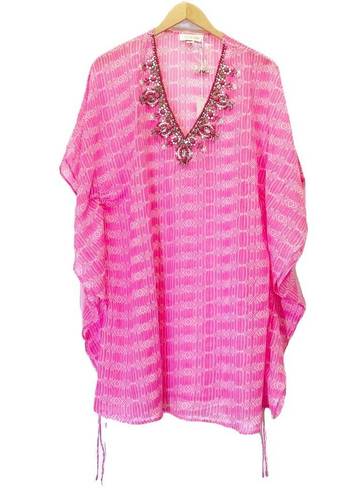 Yumi Kim NWT  Maze Cover Up Jeweled Beaded Cinched Kaftan Hot Pink Sheer Size M/L