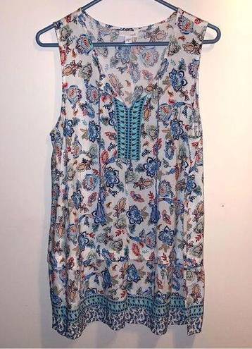 J.Jill  Beachy Tiered Tank White Blue Boho Paisley Print Medium