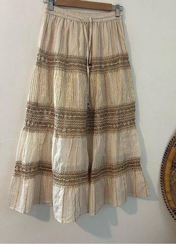 NWT NAOO cream and gold shimmer tiered peasant style maxi skirt size medium Tan