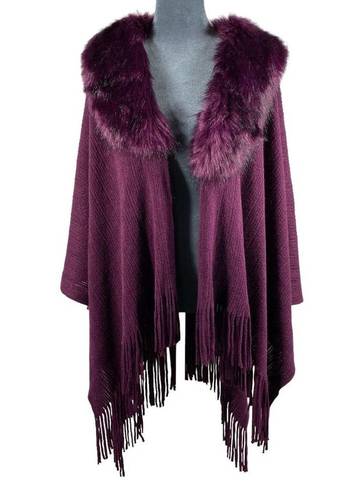 Young USA Knit Poncho Cape Shawl Faux Fur Collar Fringe OSFM Plum Purple NEW! Size undefined