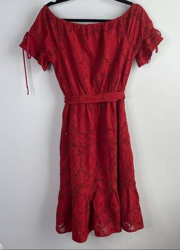 Shoshanna  anthropologie eyelet red belted ruffle midi dress size 2 wedding guest