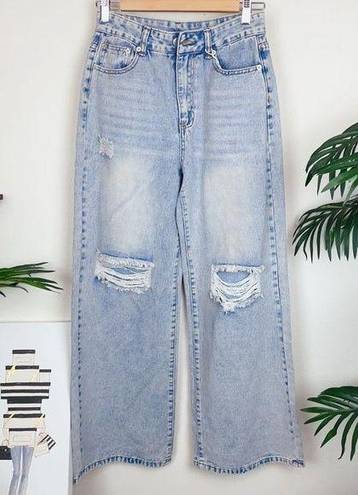 Vintage Blue J.ING High Waisted  Distressed Wide Leg Jeans