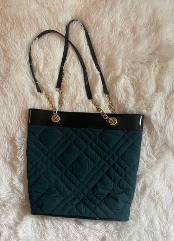 Talbots Quilted Tote Purse Bag Green with Gold Chain