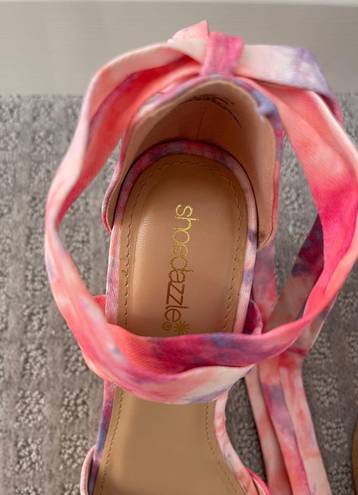 Shoedazzle Watercolor tie dye cork lace up wedges 