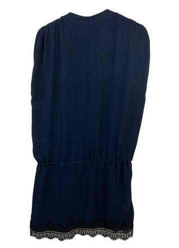 Haute Hippie   Size S Silk Navy Blue Dress Lace Trim V-Neck Mini Ruched Shoulders