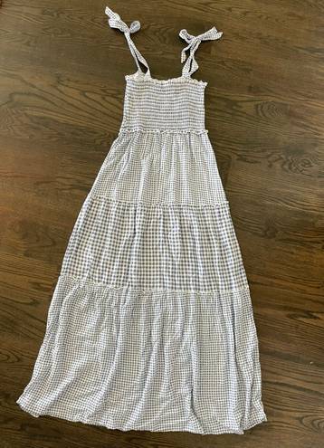 Bebop Blue and White Gingham Maxi Dress Tiered Smocked Bust Shoulder Tie Strap