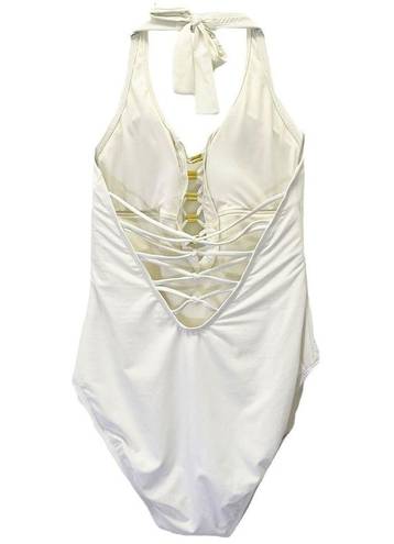 Bleu Rod Beattie  Lace-Up Halter One Piece Swimsuit Coconut Ivory & Gold Size 10