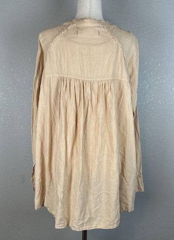 We The Free  People Women Keep It Simple Button Up Top L Large Peach Frayed Linen