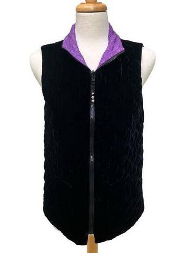 Coldwater Creek  Vest Small Quilted Velvet Silk Reversible Zip up Black Purple