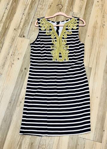 Crown & Ivy Women's Shift Dress Navy/White Stripe with Gold Accent sz Medium.