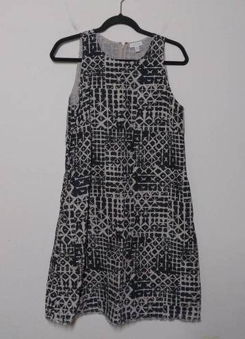 Garnet Hill  Linen Fringe Hem A-Line Dress Black Beige Geometric Jewel Neck 6