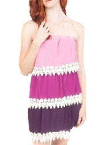 Amethyst Miin  Ombré Tiered Crochet Lace Chiffon Strapless Dress S