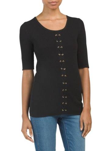 Carmen Marc Valvo  Black Ribbed Slim Half Sleeves Lace Blouse Top Small