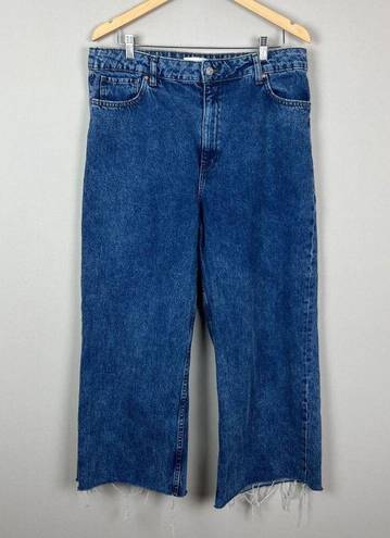 Mango MNG Denim Jeans Womens 14 Blue High Rise Wide Leg Baggy Frayed Hem Cotton Denim