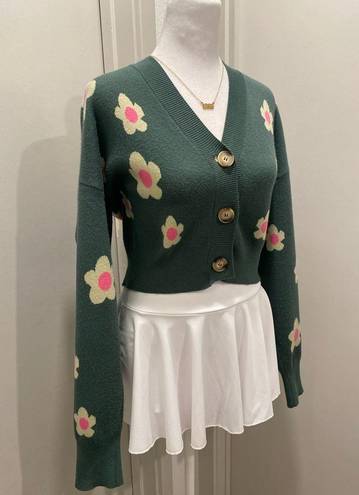 Daisy Bailey Rose Green Pink & Pale Yellow  Floral Cropped Cardigan Sweater - S