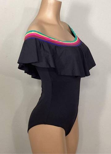 Trina Turk New.  black ruffle neck swimsuit. Size 10. Retails. $159