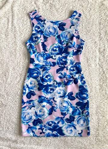 Betsey Johnson Floral Sleeveless Cut Out Back Dress Size 8 M Pink Blue Y2K Roses