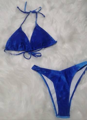 3 Pieces Tie Dye Bikini Sets, Halter Neck High Cut With Cover Up Dress Slight Stretch Swimsuit Size XL Blue