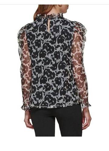 DKNY  FLORAL Long Sleeve Ruffle Neck Blouse Top SIZE SMALL white black