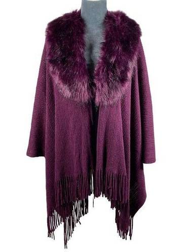 Young USA Knit Poncho Cape Shawl Faux Fur Collar Fringe OSFM Plum Purple NEW! Size undefined