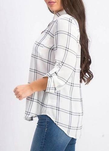 Fortune + Ivy  Christelle Button Down White Plaid Blouse Sz M NWT