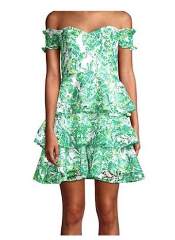 Lilly Pulitzer Green White Floral Off-The-Shoulder Tiered Ruffle Mini Dress