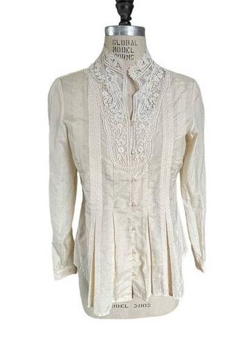 Coldwater Creek  Button Up High Neck Cream Lace Blouse Size XS X-Small