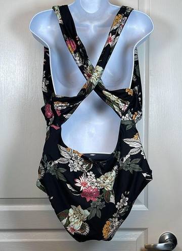 Modcloth Womens  Promised Paradise Black Floral Plunge Swimsuit Size XL EUC #2943