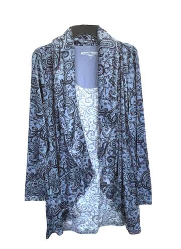 Carole Hochman Grayish Blue w Black Paisleys/Flowers Soft Stretchy Cardigan Women Large