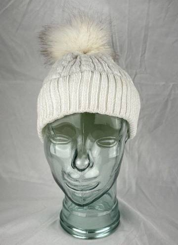 Altar'd State  Womens Winter Faux Fur Bobble Beanie Ivory Cable Knit Fleece Lined