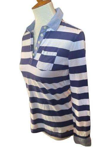 Tommy Hilfiger  Vintage Women's Long Sleeve Blue Stripe Half Buttoned Shirt Size