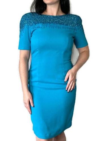 Oleg Cassini  Vintage Electric Blue Beaded Sheath Dress Size 8