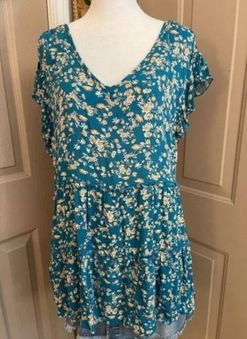 belle du jour  Algiers blue floral tiered rayon babydoll tunic top Size L NWT