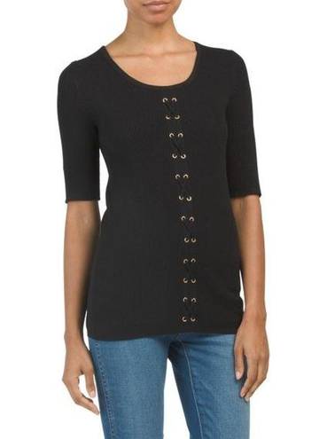 Carmen Marc Valvo  Black Ribbed Slim Half Sleeves Lace Blouse Top Small