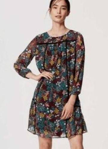 Loft  Navy Colorful Wildflower Floral Long Sleeve Mini Shift Dress Size SP