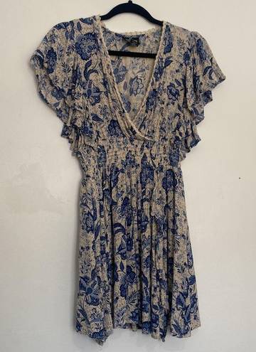 Angie  Smocked Blue V-Neck Floral Flutter Sleeve Summer Sun beach mini dress