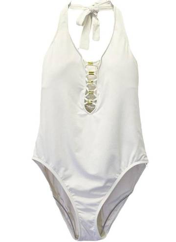 Bleu Rod Beattie  Lace-Up Halter One Piece Swimsuit Coconut Ivory & Gold Size 10